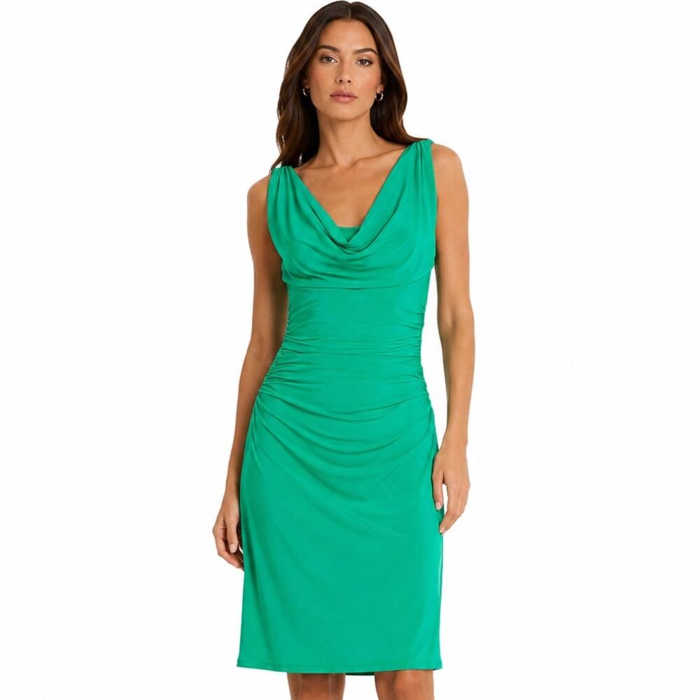 Lauren Ralph Lauren Green Jersey Ruched Cowl Neck Sleeveless Sheath Dress Size 4